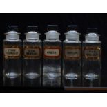 A set of five chemists/ pharmacy glass apothecary bottles with gilt labels including Creta and Sodii