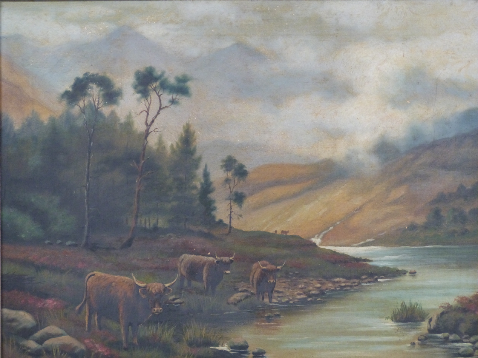 Pair of early 20thC oil on canvas Highland cattle by streams with mountains beyond, monogrammed - Image 2 of 9