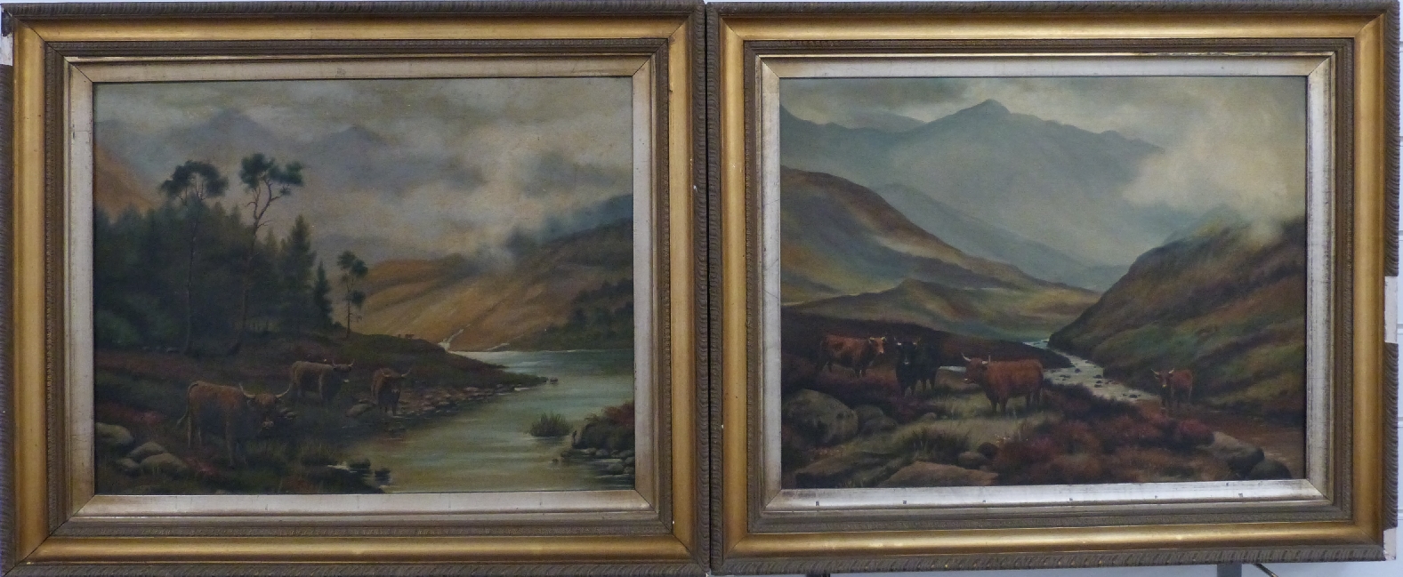 Pair of early 20thC oil on canvas Highland cattle by streams with mountains beyond, monogrammed