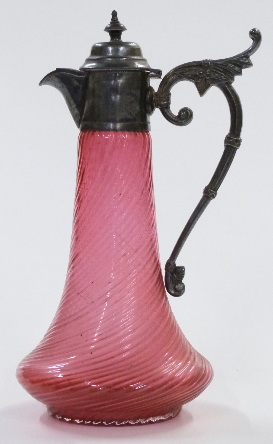 Cranberry glass water jug with wrythen molded body and silver plated mounts, 29cm tall. - Image 2 of 2