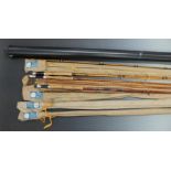 A collection of fishing rods including Edgar Sealey Mayfly split cane fly rods x 2, Howdale Deluxe