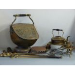 Brass fire irons, Victorian lidded coal bucket and other brassware, fire bellows etc