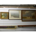 Oil on canvas of a wildfowling scene and two prints of shooting and wildfowl, largest 45 x 48cm