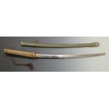 WWII Japanese officer's Samurai sword with hamon, gilt highlights to mounts and shagreen and woven
