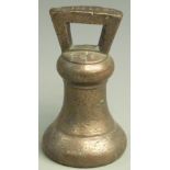 Georgian bronze 14lb bell weight with various proof marks to top including AT monogram