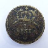 William and Mary brass coin weight for one guinea gold coin, conjoined bust of king and queen