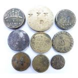 Nine various 16/17th Century etc brass coin weights for gold coins, includes Anthony Giles example