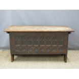 Elm or oak carved coffer, L91 x D40 x H47cm