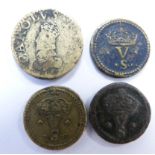 Four Charles I brass coin weights for gold coins, one for ten shillings and three for five