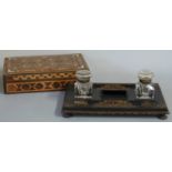 Lacquer desk stand with inkwells together with mother-of-pearl inlaid box width 28cm