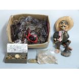 Large quantity of spectacles, Mexican or similar style puppet, Serpentine lighthouse, buttons, keys