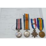 British Army WWI Military medal group comprising Military medal, Aug-Nov 1914 Mons Star, War Medal