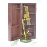 19th or early 20th century mahogany cased student's microscope marked Depose to base, length of