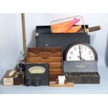 Smiths Bakelite wall clock, galvanometer, desk stamp, letter rack etc