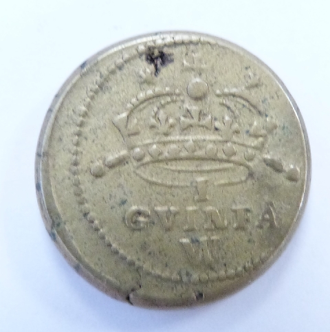 Queen Anne brass coin weight for one gold guinea, left facing bust obverse, crown and crossed