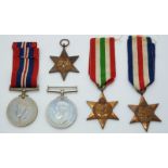British Army WWII medals comprising the 1939/1945 Star, Africa Star, Italy Star, War Medal and
