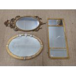Triptych mirror with bevelled glass, 104 x 45cm overall, and two oval mirrors