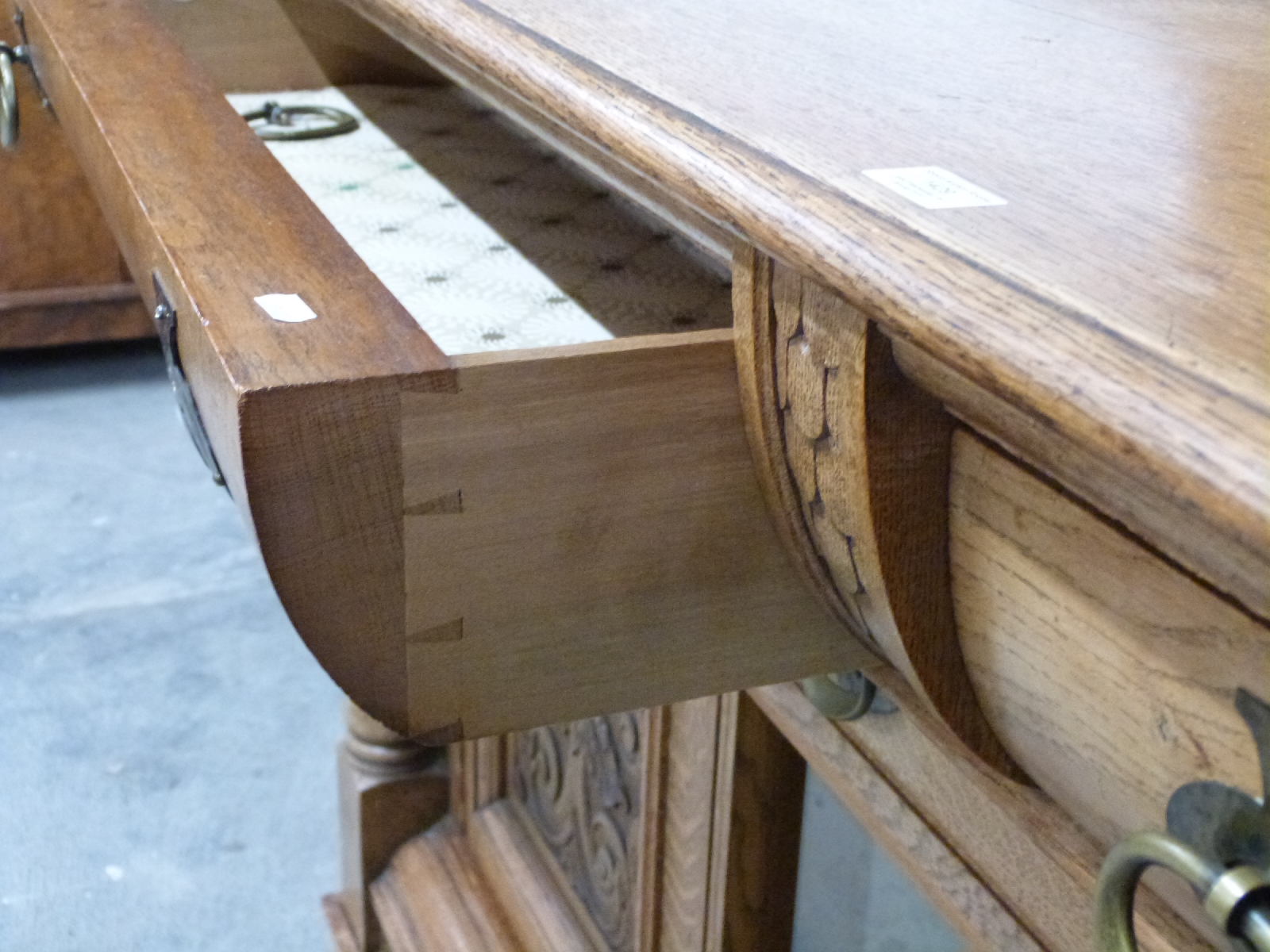 Art Nouveau oak sideboard with bevelled astragal glazed cabinet to top, the base fitted three - Image 6 of 7