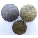 Three George II brass coin weights for gold guinea and half guineas, each with profile busts