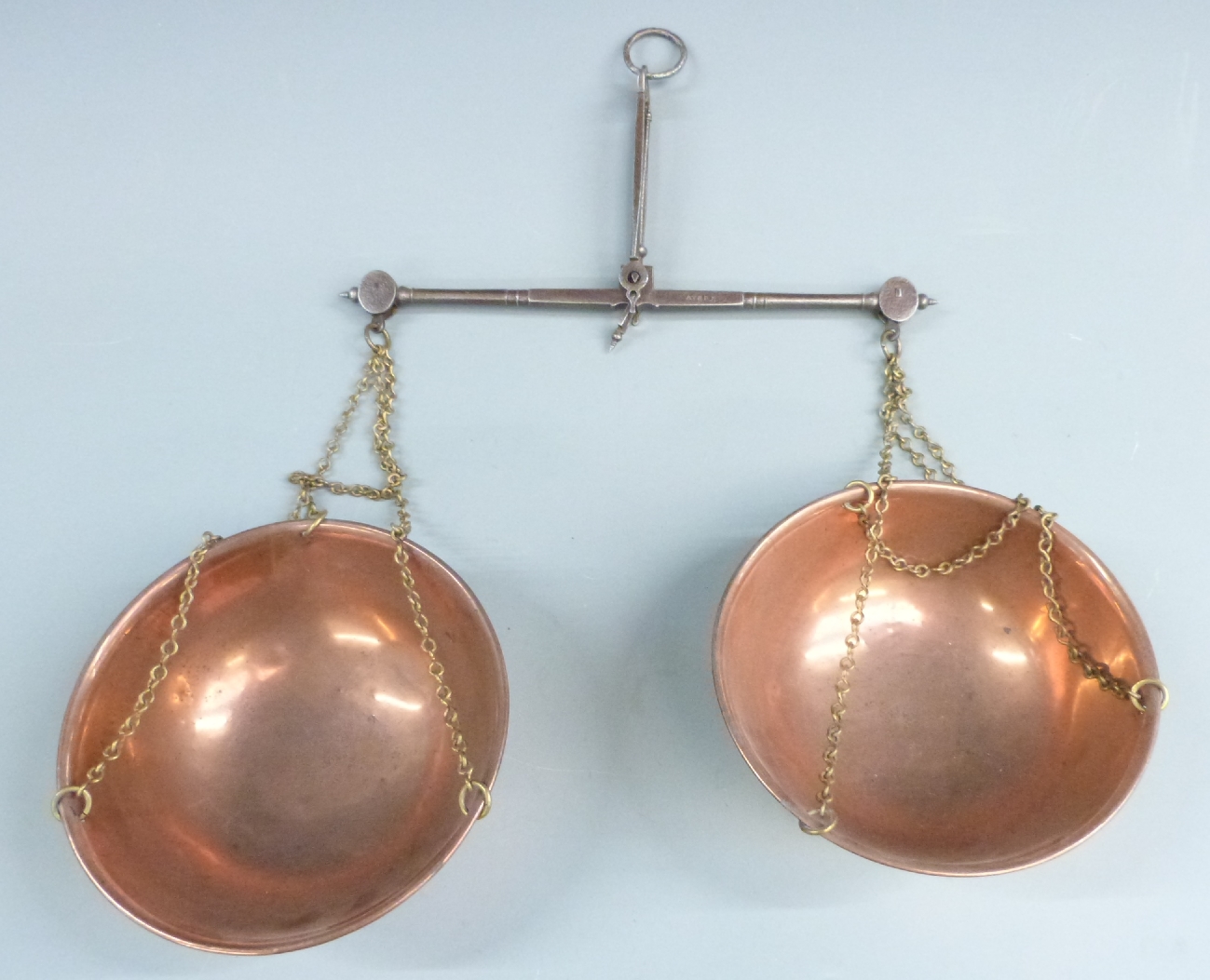 Two travelling beam scales with copper pans, one marked Avery, width of larger 26cm - Image 2 of 3