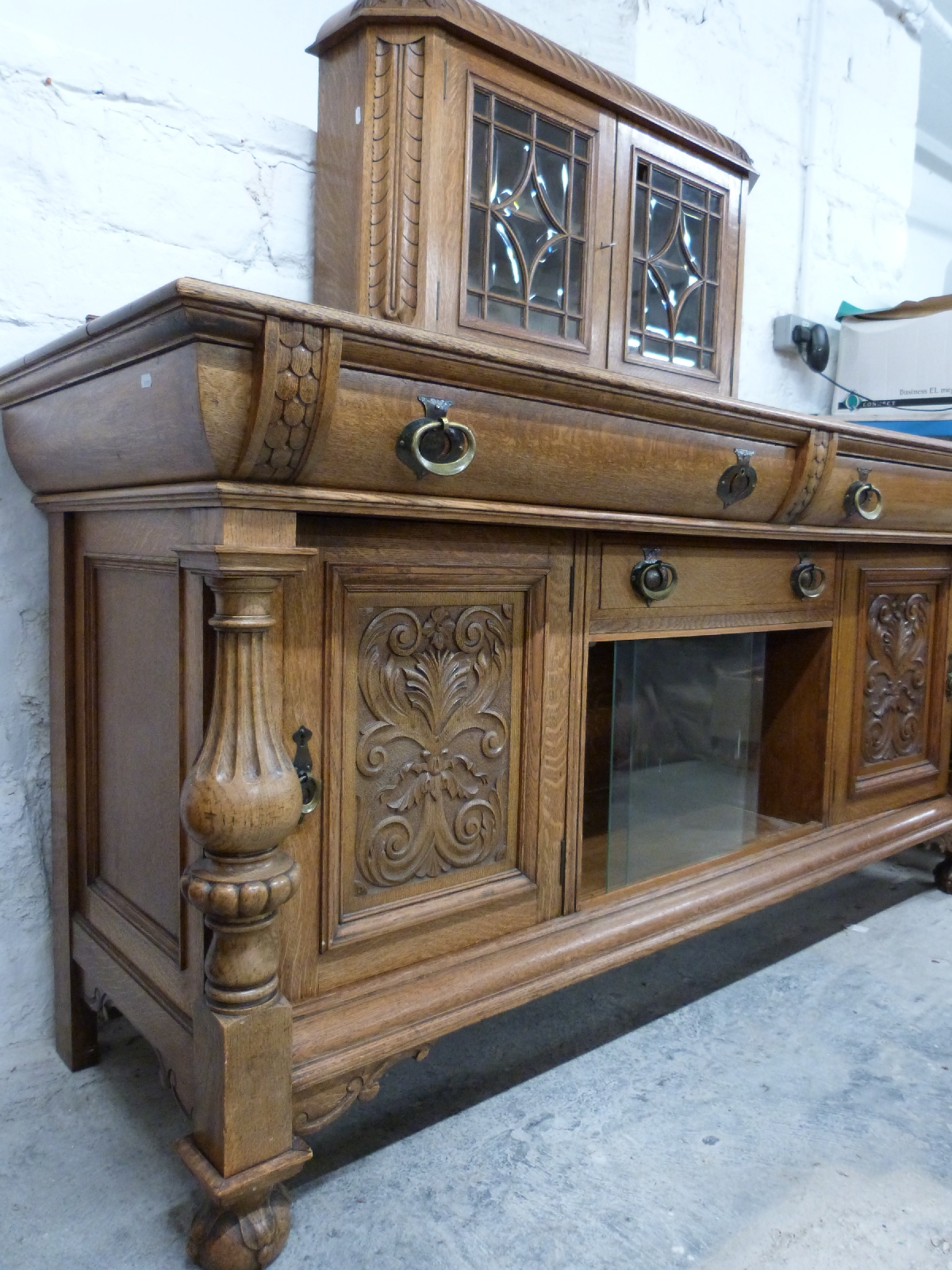 Art Nouveau oak sideboard with bevelled astragal glazed cabinet to top, the base fitted three - Image 3 of 7