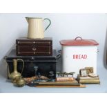 Vintage twin-handled enamel bread bin, jug, metal deed box with lift-out tray, brassware, scales,