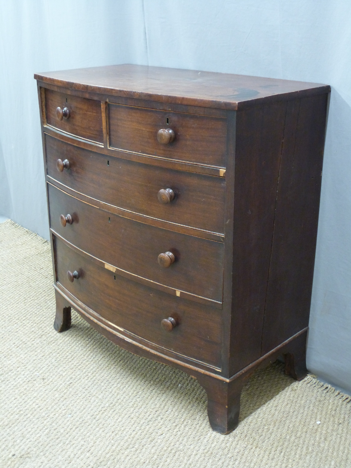 A late Georgian / early Victorian mahogany bow fronted chest of two over three drawers, with - Image 2 of 2