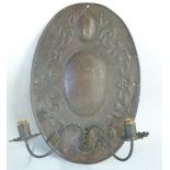 Arts and Crafts candle wall sconce with hammered copper oval back, H43cm