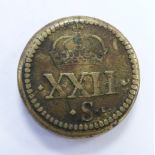 James I unite brass coin weight for gold coins I.R MA.BRIT, right facing King obverse, crown over