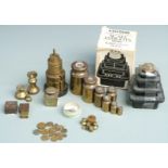 Quantity of various weights including a run of Avery cylindrical weights, apothecary weights,