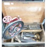 Two vintage tool chests, campaign style shelves, saw and a hand drill