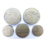 Five various coin weights for gold coins, three pounds twelve, obv bust of Josephus King of