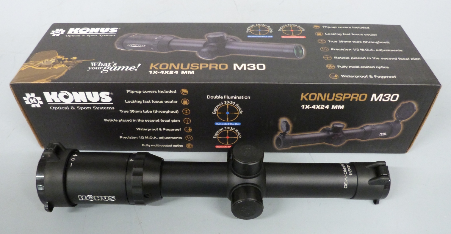 Konus Konuspro M30 1-4x24 rifle scope with illuminated red dot and flip-up covers, new in original