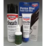 A can of Birchwood Casey Sheath Rust Preventative, a tube of Perma Blue Paste Gun Blue and a