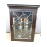 A 19thC astragal glazed corner cupboard with shaped shelves and mirrors behind, W90 x H122cm