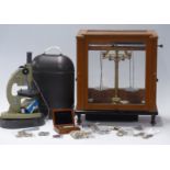 Russian microscope in carry case, Stanton London cased laboratory scales and a quantity of