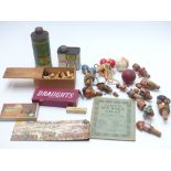 A collection of vintage games including carved wooden chess set, draughts, dice etc together with