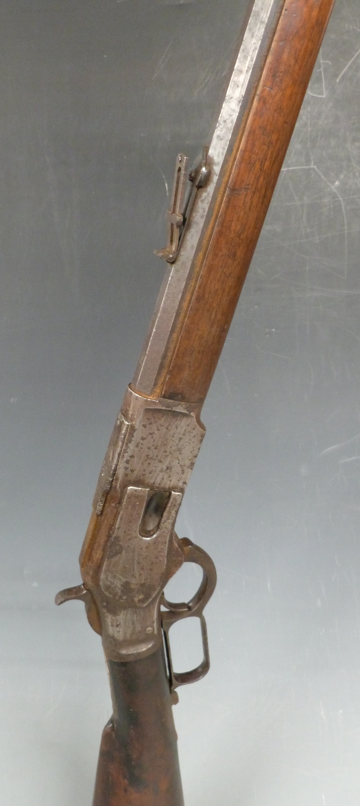 Winchester Model 1873 .44 saddle ring underlever rifle with adjustable pop-up sights, steel butt