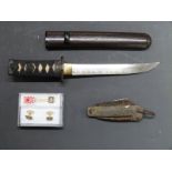 Replica Japanese Tanto, blade length 20cm, Japanese naval cufflinks and a British Naval knife