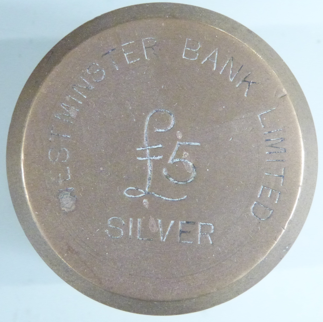 A quantity of coin, note and other banking weights including Westminster Bank Limited £5 silver, run - Image 2 of 2