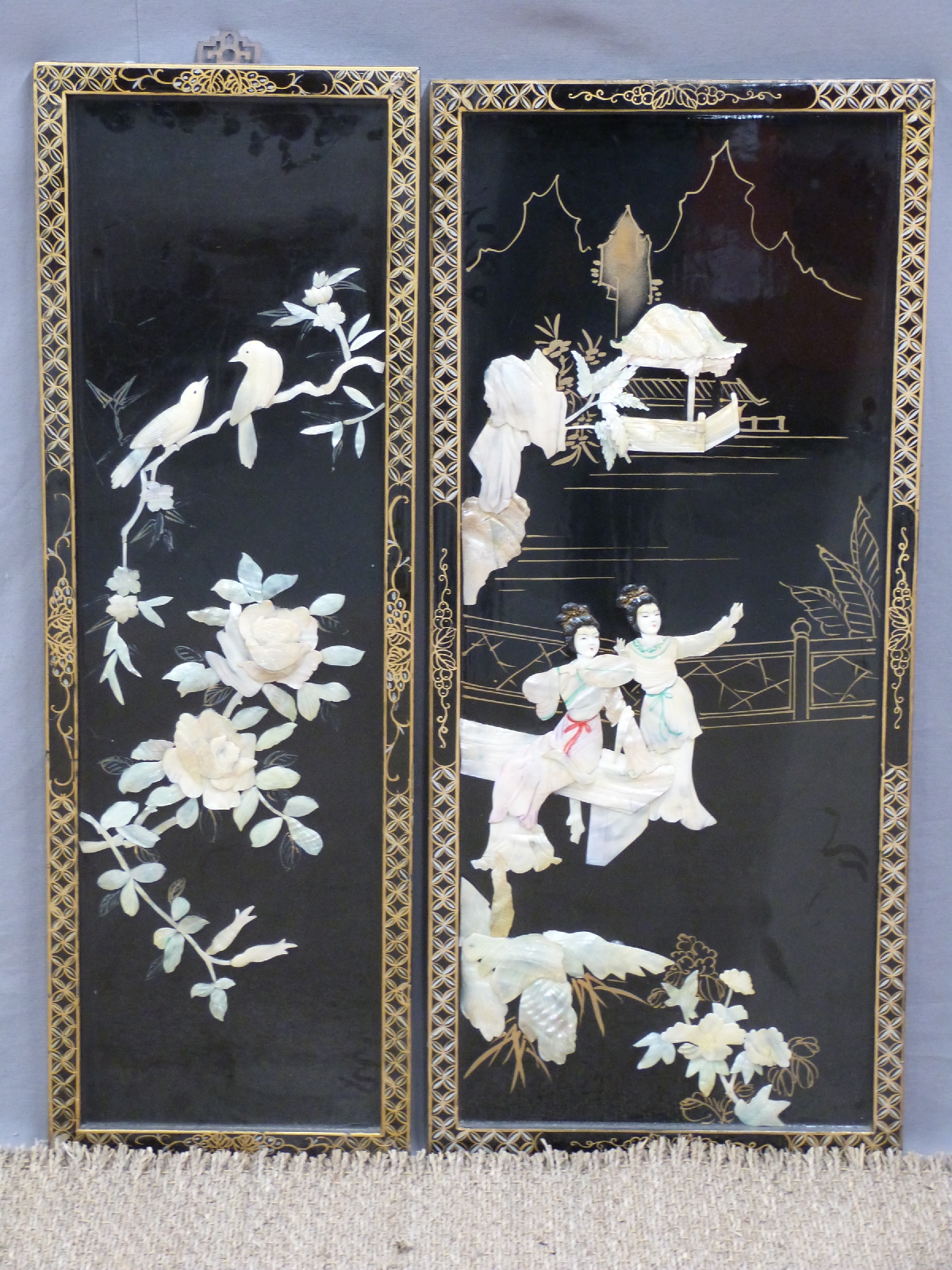 Two Shibayama style panels, largest 90cm x 40cm.