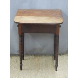 A 19thC mahogany two drawer side or bedside table or cabinet raised on turned legs, L51 x H66cm