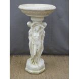 Garden bird bath, the based formed of three nude ladies, height 79cm