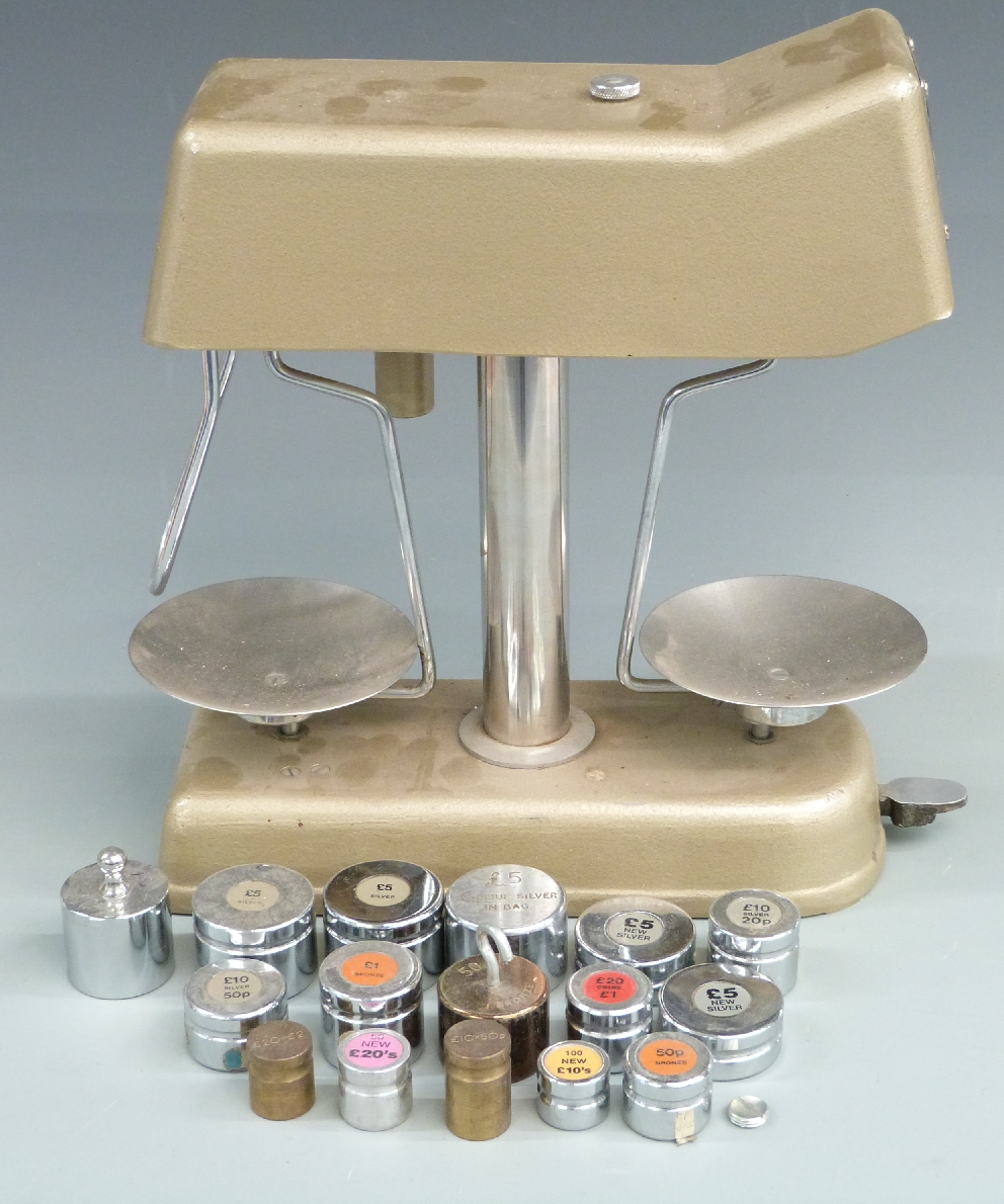 Omal Universal Moneychecker banking scales and a quantity of coin and note weights