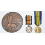British Army WWI death plaque, War Medal and Victory Medal, named to 86028 Gnr Edgar Collins,