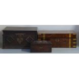 Brass bound walnut writing slope, width 45cm, together with two further boxes, keys, whistle etc