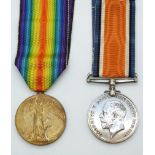 British Army WWI medals comprising War Medal and Victory Medal, named to 37910 Pte A Mathews,
