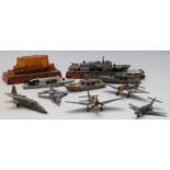 Ten Dinky Toys diecast model military waterline ships and aeroplanes including Air Sea Rescue Launch