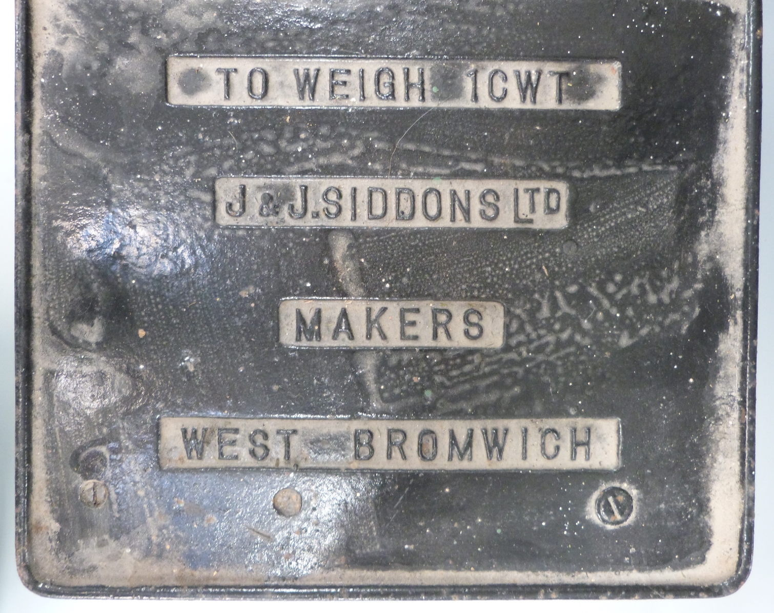 J & J Siddons Ltd 1cwt scales, width 65cm and ten assorted weights including William Cross and Son - Image 2 of 2