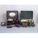 1940s cased bakelite hairdryer, retro Vidor radio, animal trap, two vintage fishing reels etc